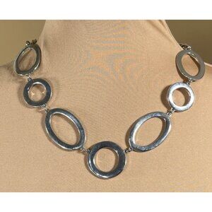 VTG Silver Tone Statement Necklace Open Circle Oval Statement Chunky
